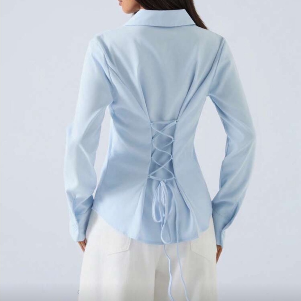 Classic Crisscross Tie Up Cage Back Blue Top Blouse Button-Up Shirt